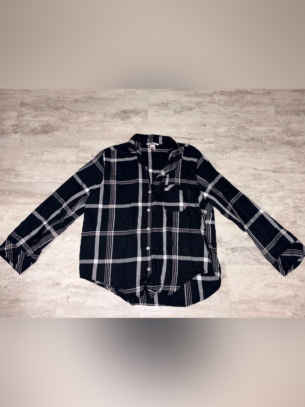 Victoria's Secret Black Plaid Button-Up Shirt with Pink Accent